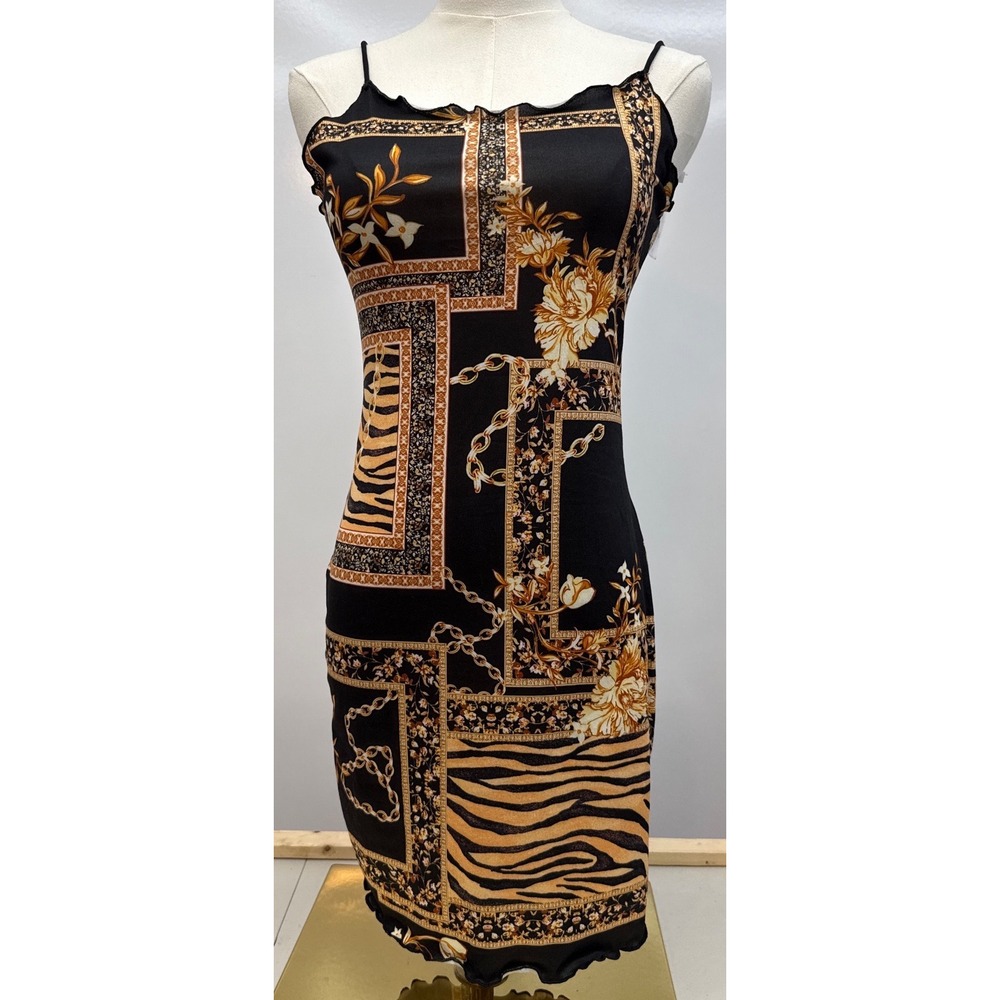 Y2K Chain Animal Print Bodycon Dress Small Spaghetti‎ Strap Cami Mini NWT